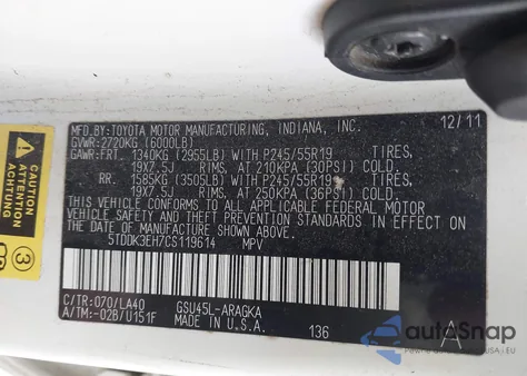 2012 Toyota Highlander Limited V6 из США, поврежденный, VIN 5TDDK3EH7CS119614